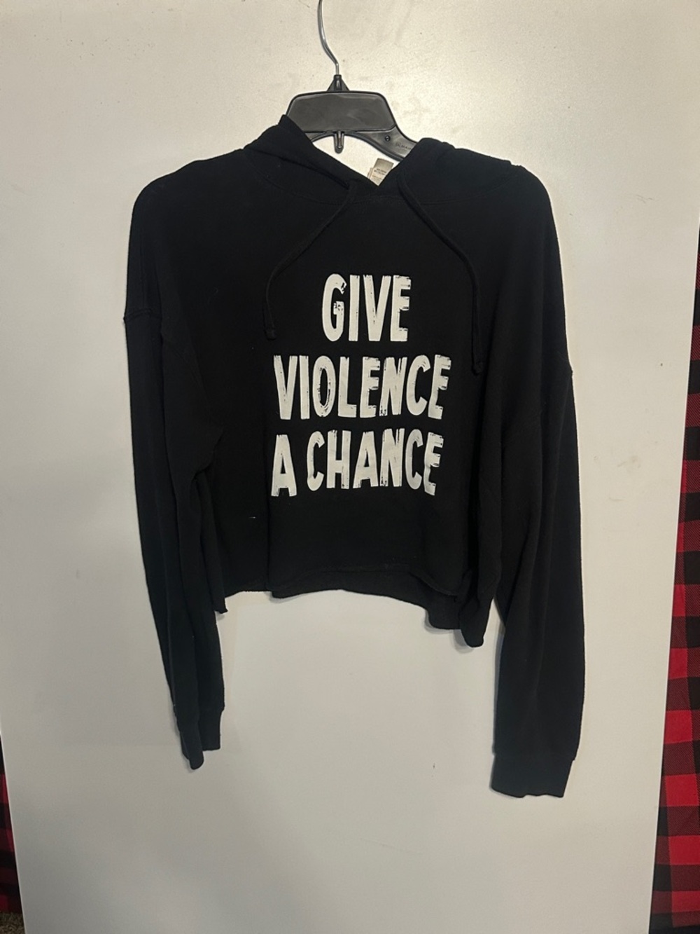 Source Unknown Black Cropped Hoodie with White Statement Text